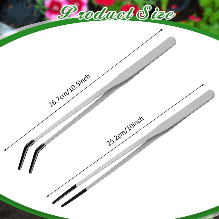 2 Pcs Extra Long Stainless Steel Reptile Feeding Tongs with Rubber Tip Bearded Dragon Aquarium Straight and Curved Long Tweezer Terrarium Feeder Tool for Tank(Silver, 10 Inch, 10.5 Inch)