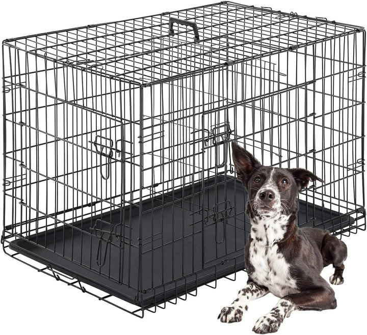 Dog Crate for Small Dogs 24 Inch Folding Metal Wirepet Cage Double Door W/Divider Panel Indoor Outdoor Kennel Leak-Proof Plastic Tray,Black