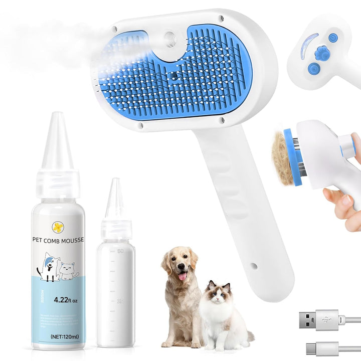 Pet Steam Brush for Dog & Cat - 3-In-1 Steam Grooming Brush for Shedding & Hair Removal - Self Cleaning Spray Comb with Mist for Long Haired Pets - Includes 1*Waterless Shampoo, Blue