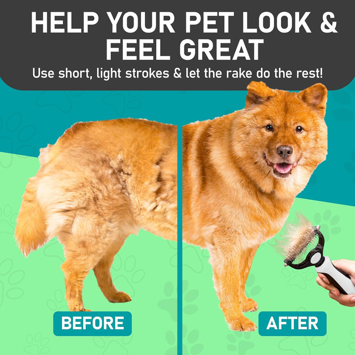 Pet Grooming Brush - Double-Sided Undercoat Rake for Dogs and Cats, Extra Wide, Reduces Shedding by 95%, White