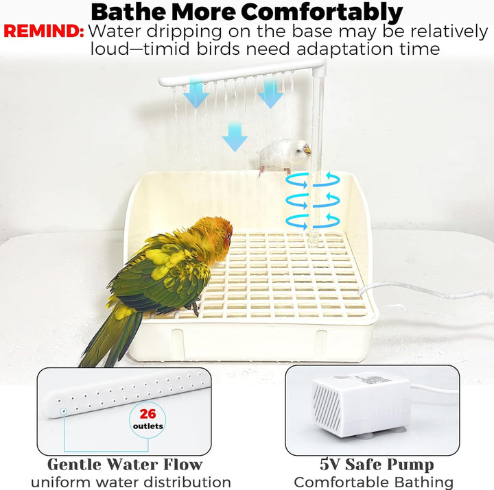 Automatic Parakeet Bird Bath with Pump, Large Bird Shower Fountain Indoor Bathtub with Running Water, Parrot Bath Tub Faucet for Pet Birds, African Grey, Cockatiel, Conure, Budgie, Lovebird (White)