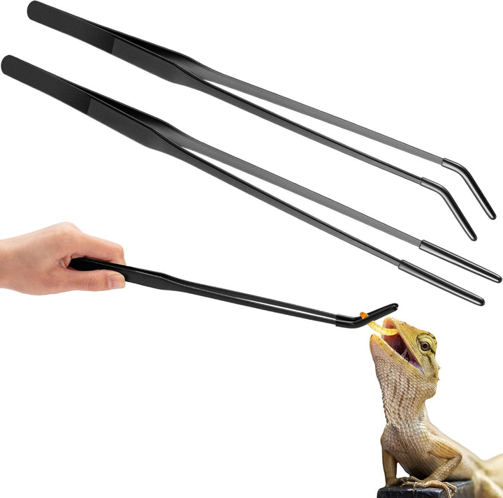 2 Pcs Extra Long Stainless Steel Reptile Feeding Tongs with Rubber Tip Bearded Dragon Aquarium Straight and Curved Long Tweezer Terrarium Feeder Tool for Tank(Silver, 10 Inch, 10.5 Inch)