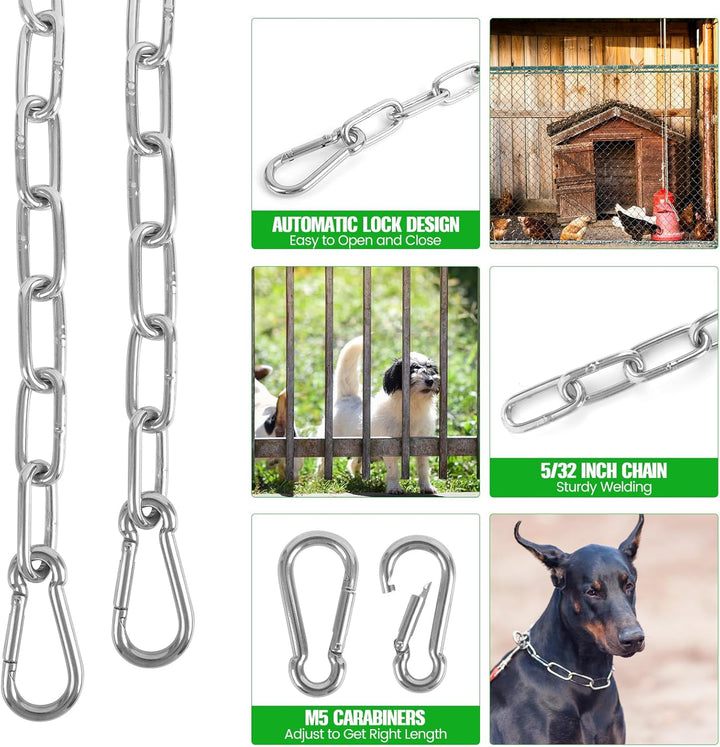 2 Pack Outdoor Gate Chain Lock with 4 Carabiners, Adjustable 5/32 X 28 Inch Security Gate Latch Chain, One Handed Operate Gate Chain for Fence Garden Yard Farm Barn, Silver