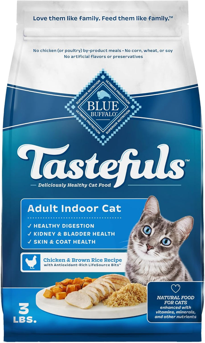 Tastefuls Adult Dry Cat Food Indoor Cat Formula, Made in the USA with Natural Ingredients, Chicken & Brown Rice Recipe, 3-Lb. Bag