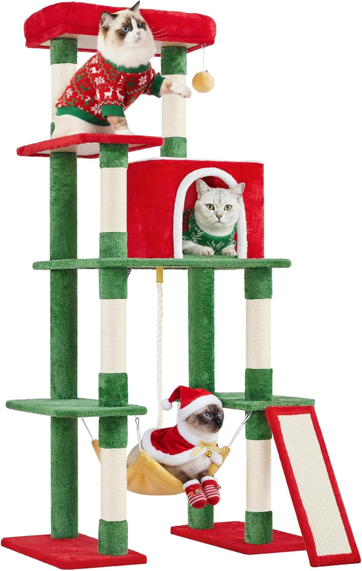 Large Multi-Level Cat Tree, 63 Inches Tall with Sisal-Covered Scratching Posts, Condo, Hammock, Dangling Ball, and Extended Platform for Cats to Play and Sleep