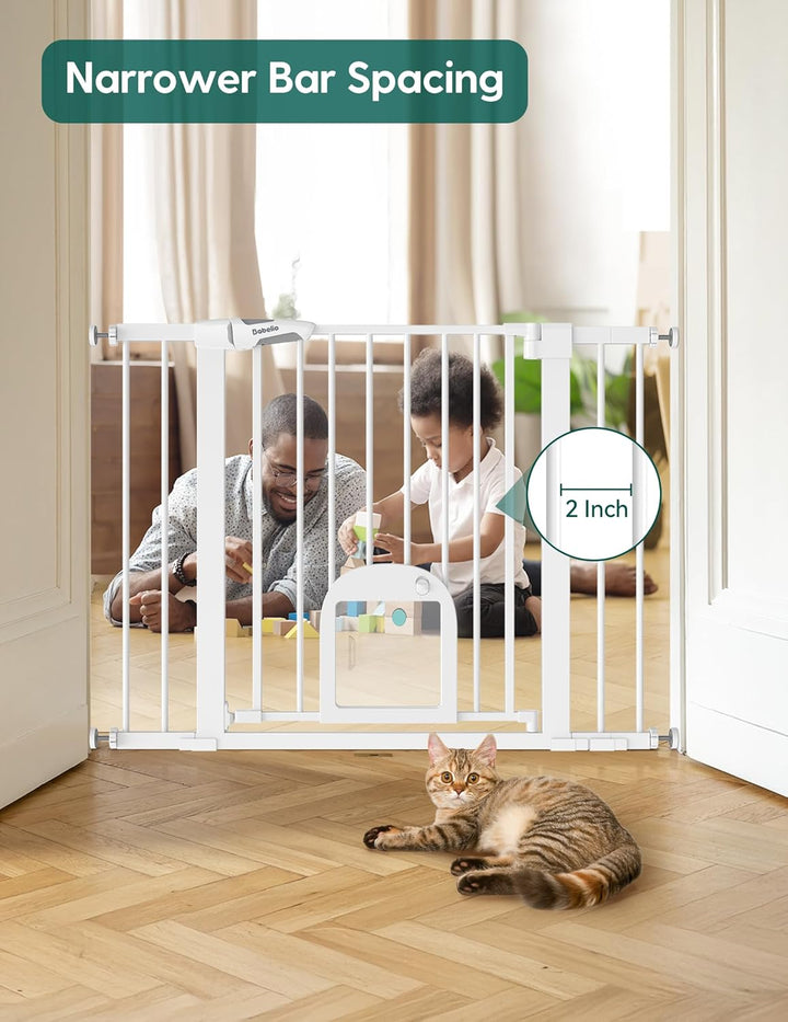 Baby Gate with Adjustable Cat Door,29-43" Auto Close Durable Pet Door for Stairs,Doorways and House,Pressure Mounted,Easy Install,Effortless Walk Thru,White