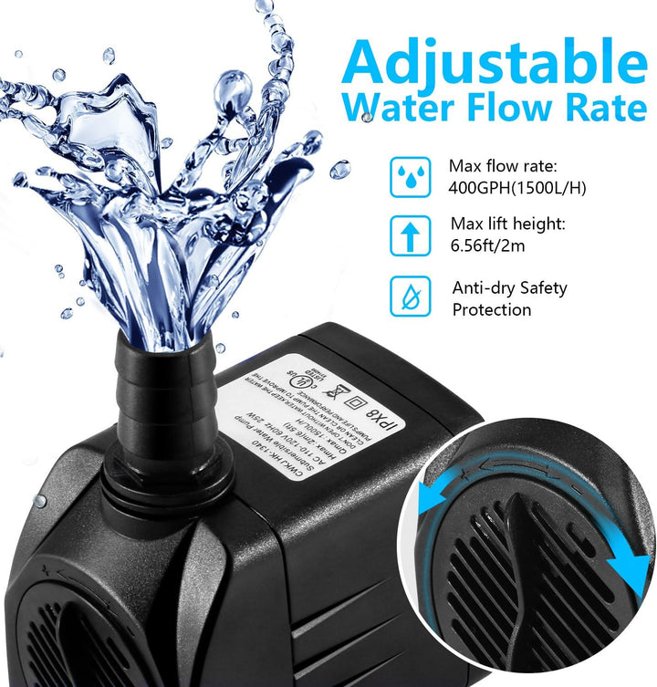 Fountain Pump, 400GPH Submersible , Durable 25W Outdoor Water Pump with 6.5Ft Power Cord, 3 Nozzles for Aquarium, Pond, Fish Tank, Water Pump Hydroponics, Backyard Fountain