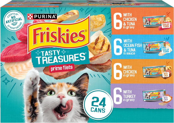 Purina  Wet Cat Food Variety Pack, Tasty Treasures Prime Filets (With Chicken and Tuna, with Chicken, and with Ocean Fish and Tuna, and with Turkey) - (Pack of 24) 5.5 Oz. Cans