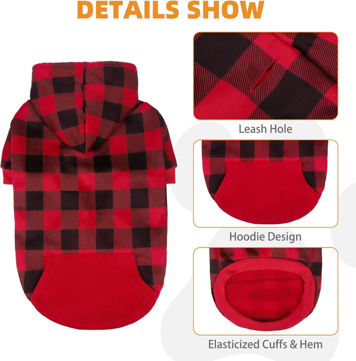 Plaid Dog Hoodie Pet Clothes Sweater with Hat and Pocket for Small Medium Large Size Dogs, Soft Winter Warm Dog Cold Weather Coat, Fleece Fall Dog Hooded Sweatshirt for Puppy Cats, Red XL