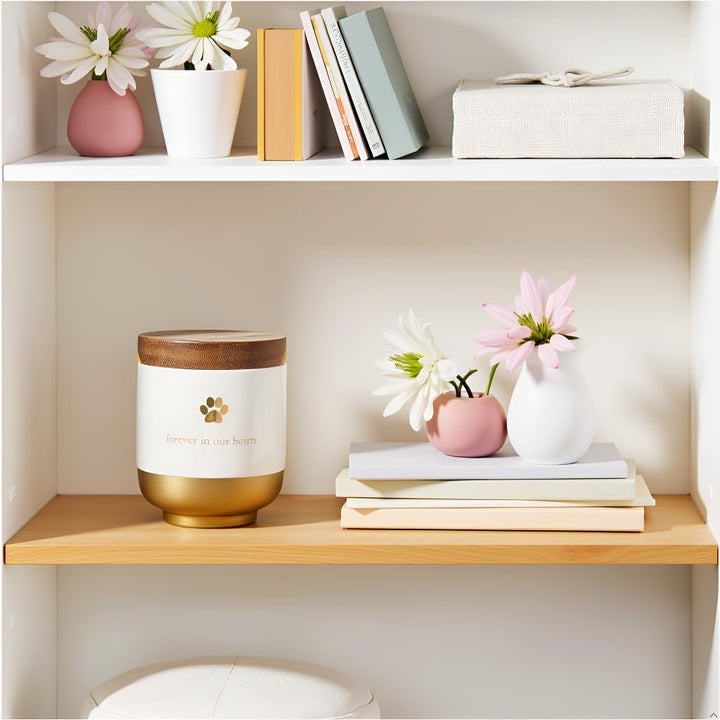 Pet Ceramic Forever in Our Hearts Urn, Pet Memorial, Dog or Cat Keepsake Urn, Rainbow Bridge, Gold