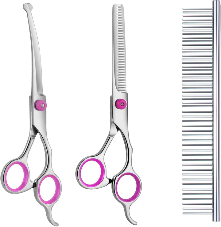 Dog Grooming Scissors with Safety round Tips, Heavy Duty Titanium Pet Grooming Trimmer Kit, Professional Thinning Shears, Curved Scissors with Comb for Dogs and Cats (Set of 3)