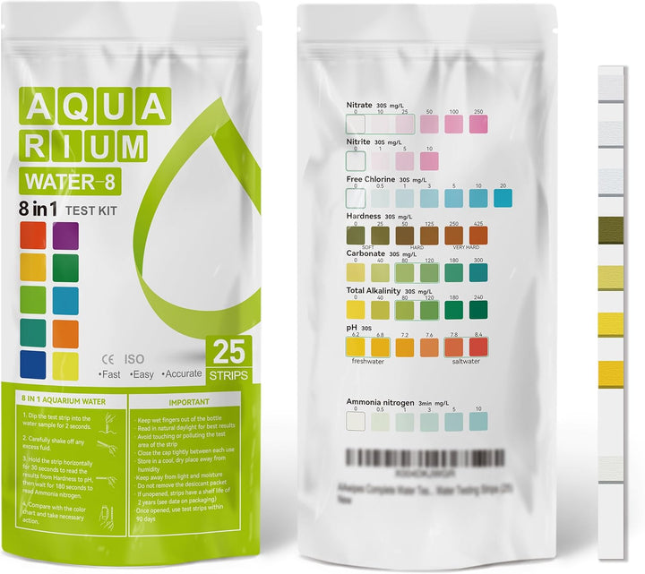 Aquarium Ammonia Test Strips 8-In-1 |25 Strips | Quick & Accurate Water Testing Test Ph, Carbonate, Alkalinity, Hardness, Chlorine, Nitrite, Etc. (K02-25)