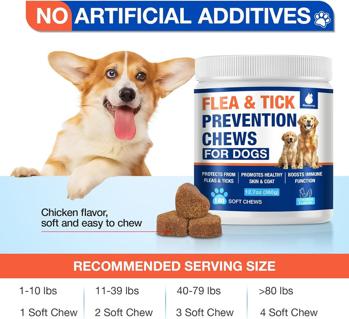 Flea and Tick Prevention for Dogs Chewables, Natural Dog Flea and Tick Treatment, Oral Flea Pills for Dogs Puppy, Skin & Coat Support Supplement - 180 Soft Treat (Chicken Flavor)