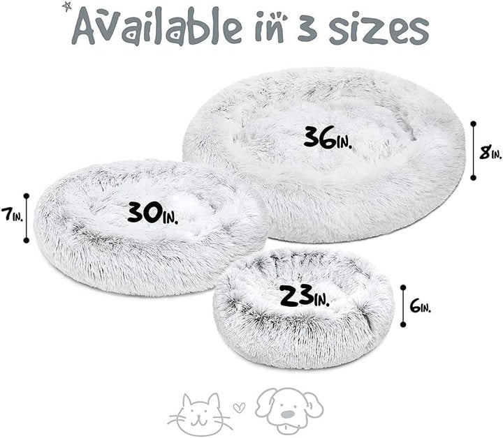 Donut Dog Bed Faux Fur Fluffy Calming Sofa for Medium Dogs, Soft & Plush anti Anxiety Pet Couch for Dogs, Machine Washable Coco Pet Bed with Non-Slip Bottom, 30"X30"X7" Ivory