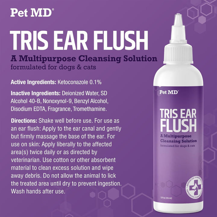 Veterinary Tris Flush Cat & Dog Ear Cleaner - and Infection Treatment with Ketoconazole 12 Oz