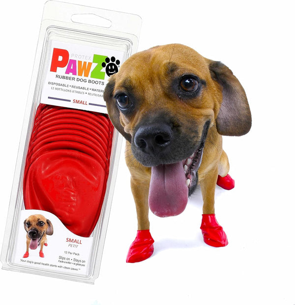 Pawz Rubber Dog Boots for Paws to 2 1/2" - All-Weather Dog Booties for Hot Pavement, Sand, Snow, Mud, and Rain - anti Slip Dog Socks - S, Red
