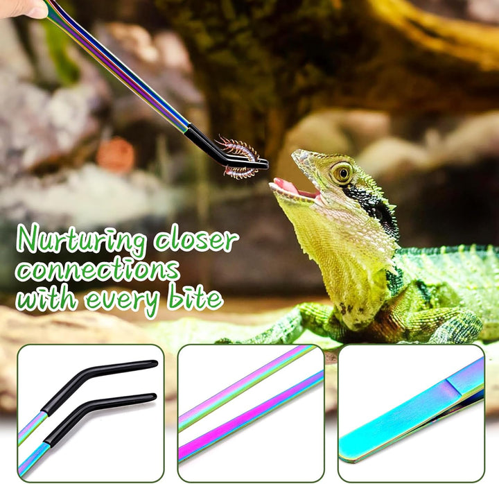 Stainless Steel Reptile Feeding Tongs with Rubber Tip - 10.6" Straight & Curved Tweezers for Aquariums & Crafts - Feeder Tools for Bearded Dragons & Lizards - Terrarium Tank Supplies - 2 Pack