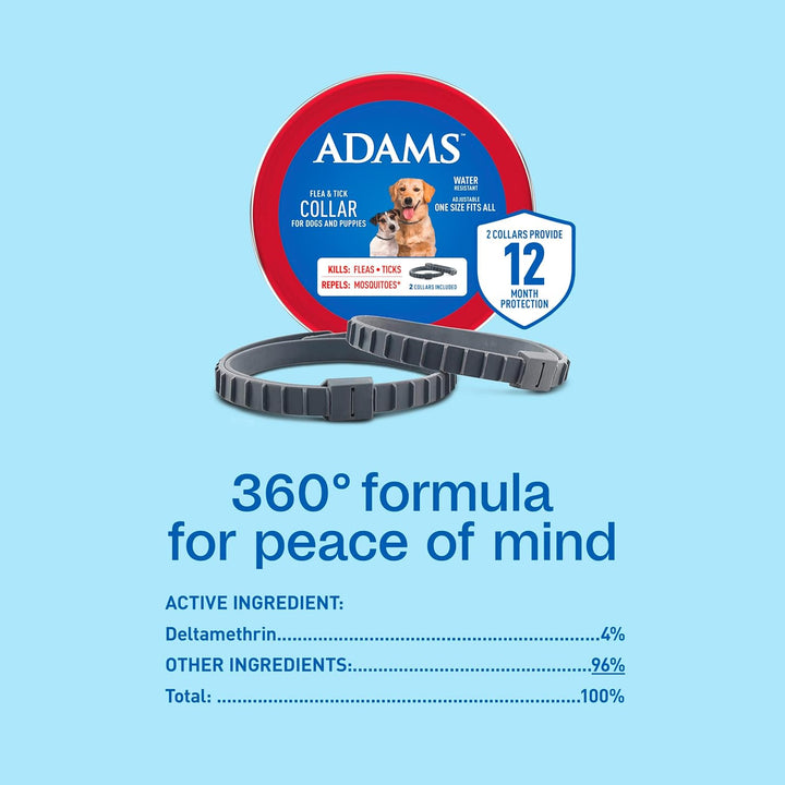 Flea & Tick Collar for Dogs & Puppies, 2 Pack, 12 Month Protection, Adjustable One Size, Kills Fleas, Ticks & Repels Mosquitoes, excluding California