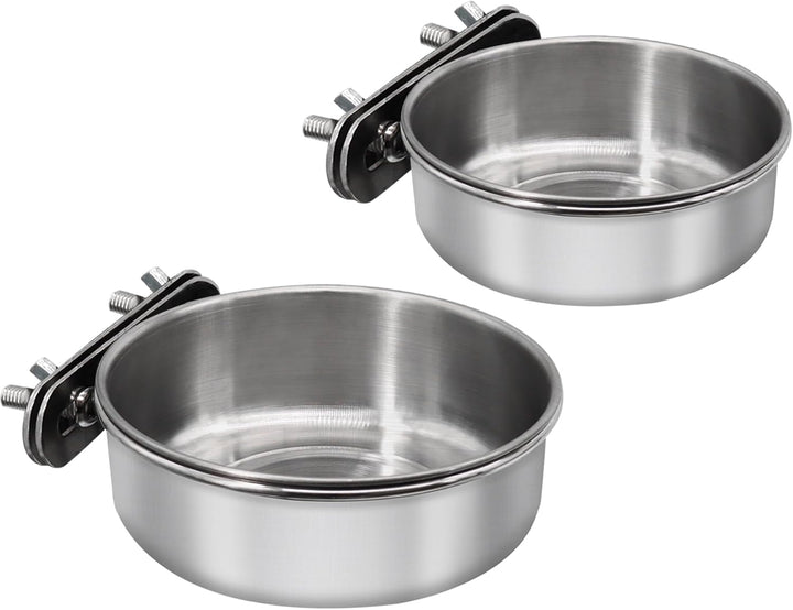 2 Pcs Small Bird Feeding Dish Cups,Parrot Food Bowl Cage with Clamp Holder Stainless Steel,Birdcage Coop Water Feeder for Cockatiel Parakeet Macaw Finches Lovebirds Small Animals (2 Pack, Small)