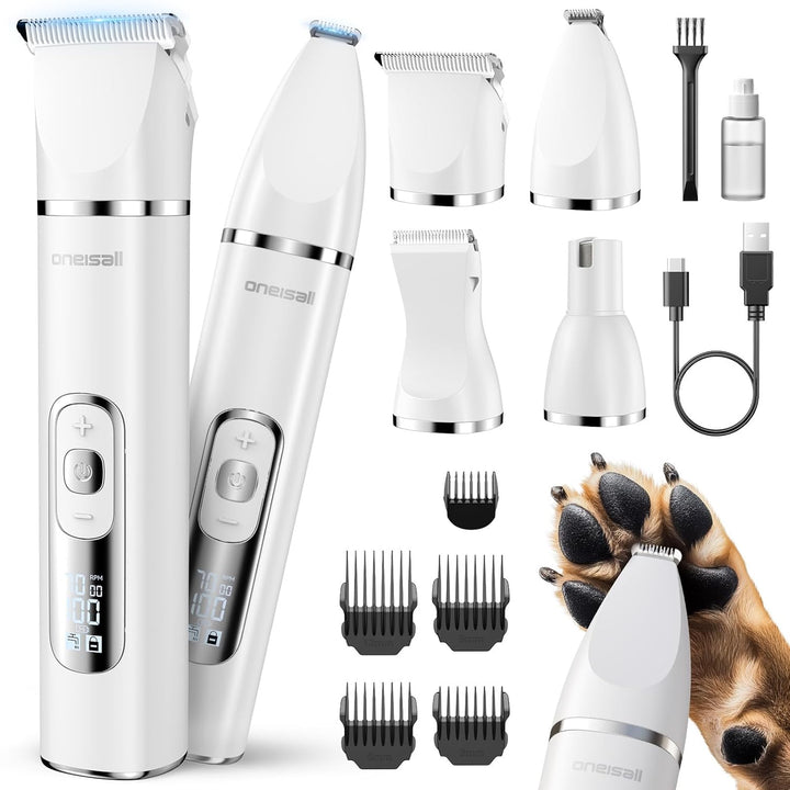 4 in 1 Dog Grooming Kit with LCD Display, Dog Hair Trimmer for Paw Nail Grinder, Rechargeable Cordless Low Noise IPX7 Waterproof Pet Clippers