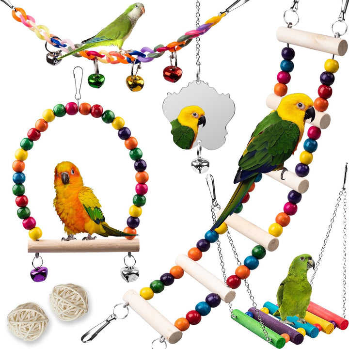 Bird Toys for Parakeets 7Pcs, Wood Parrots Budgie Cage Accessories, Bird Perch Swings for Small Conure Cockatiel Toys, Bird Ladder Swing for Parakeets Climbing 18''