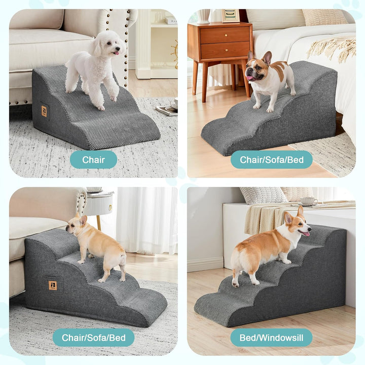 Dog Stairs for Small Dogs 15.7''H, 4-Step Sturdy Dog Steps for Bed, Couch, Sofa, Waterproof Pet Stairs for Older Cats, Puppy, Removable Washable Cover, Non-Slip Curved Pet Ramp Indoor, Grey