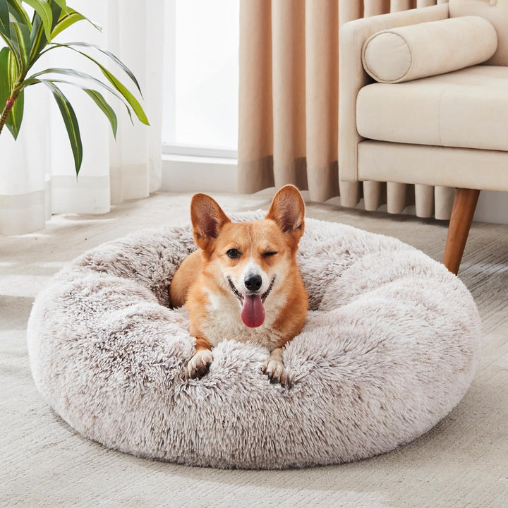 Calming Soft round Dog & Cat Bed, Anti-Anxiety Donut Cuddler Warming Cozy Fluffy Faux Fur Plush Cushion Bed for Small Medium Dogs and Cats (20"/24"/27"/30"), Light Grey