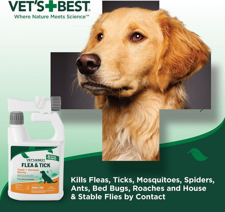 Flea and Tick Yard & Kennel Spray, Dog Flea Spray That Kills Fleas, Mosquitoes, & Ticks, Plant-Based Ingredients, Plant Safe Ready-To-Use Hose Attachment, 32 Fl Oz