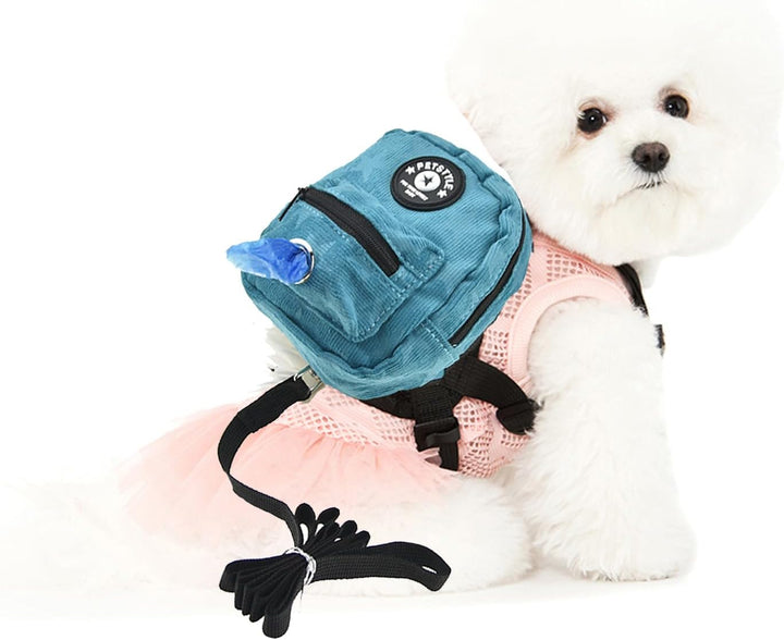 Dog Backpack Harness with Leash, Dog Poop Bag Dispenser, Pet Self Carrier Adjustable Travel Hiking Walking Harness Backpack for Small Medium Dogs (S(Fit:5-10Lb), Blue)