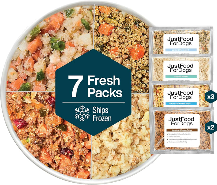 Frozen Fresh Healthy Weight Dog Food, Complete Meal or Dog Food Topper, Fish & Sweet Potato and Venison & Squash, Human Grade Dog Food Recpie, 18 Oz (Pack of 7)