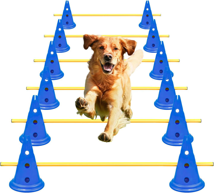 Dog Agility Hurdle Cone Set Dog Agility Course Backyard Set Include 12 Agility Cones 6 Agility Rods Agility Training Equipment Height Adjustable Obstacle with Storage Bag Blue