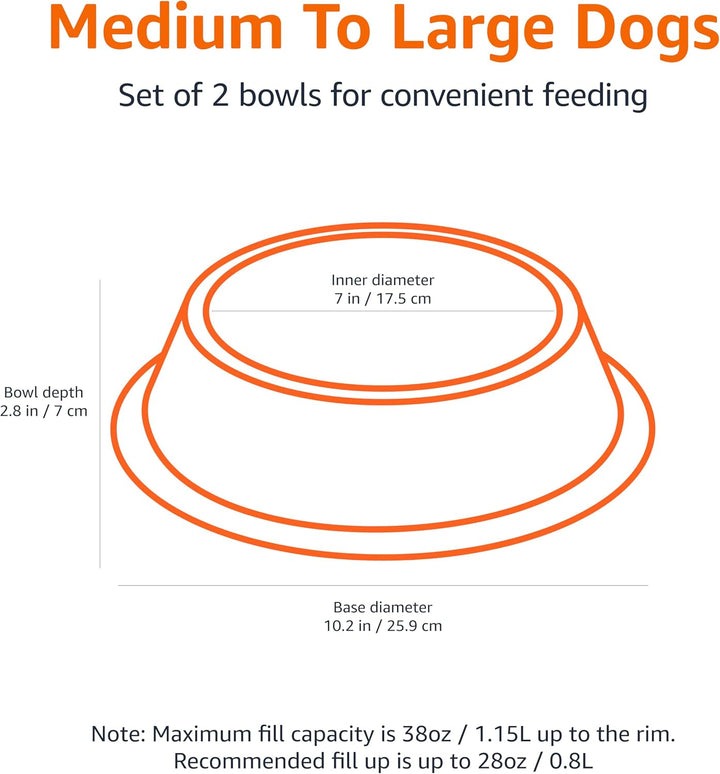 Stainless Steel Non-Skid Pet Dog Water and Food Bowl, 2-Pack (10 X 2.8 Inches), Each Holds up to 38Oz