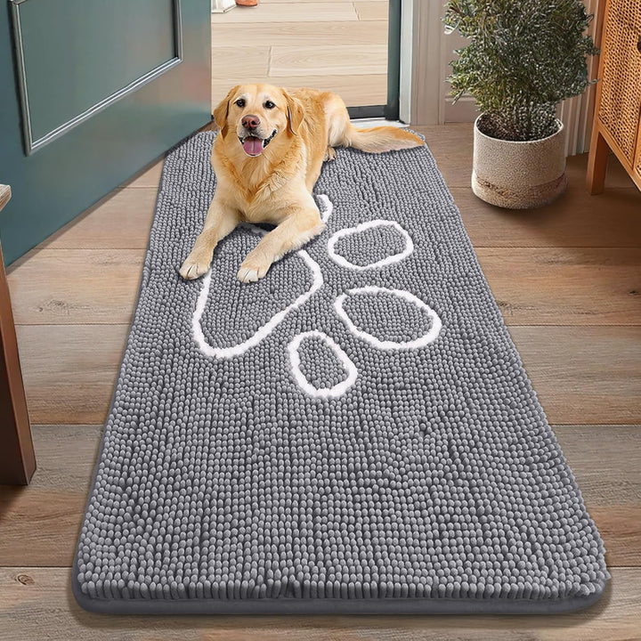 Dog Door Mat for Muddy Paws, Absorbent Dirt Trapper Non Slip Quick Dry Washable Chenille Mat for Mud Dogs, Entry Rug for Indoor and Outdoor (30X20 Inches, Grey)