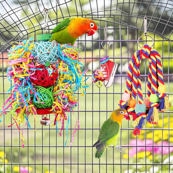 Bird Toys for Parakeet， Parrot Conure Chewing Shredding Foraging Toys with Rope Perch, Bird Cage Accessories for Cockatiel Budgies Lovebird