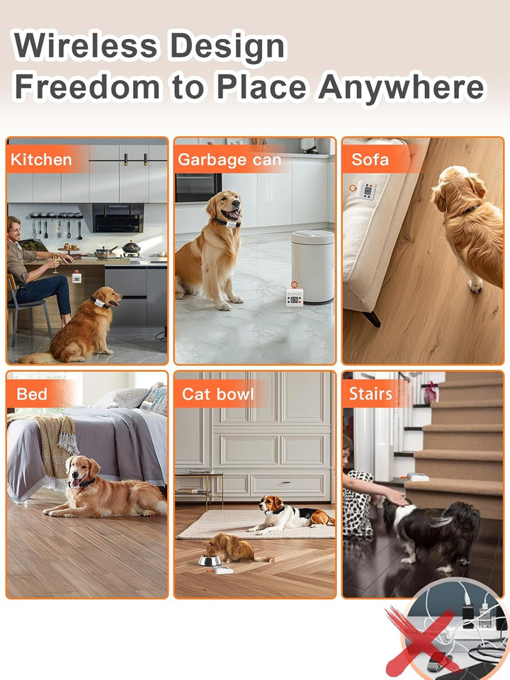 Wireless Pet Barrier - Rechargeable Indoor Barrier with 6 Adjustable Range Radius up to 7 Ft, 6 Adjustable Safe Static Intensity, Electric Fence System for Dogs with Hook (White)