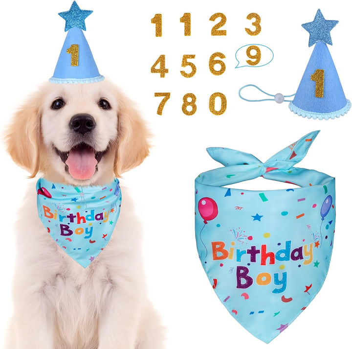 Dog Birthday Party Supplies, Dog Birthday Bandana Set, Dog Boy Girl Birthday Party Hat with Numbers for Large Medium Small Dogs Pet (Blue)