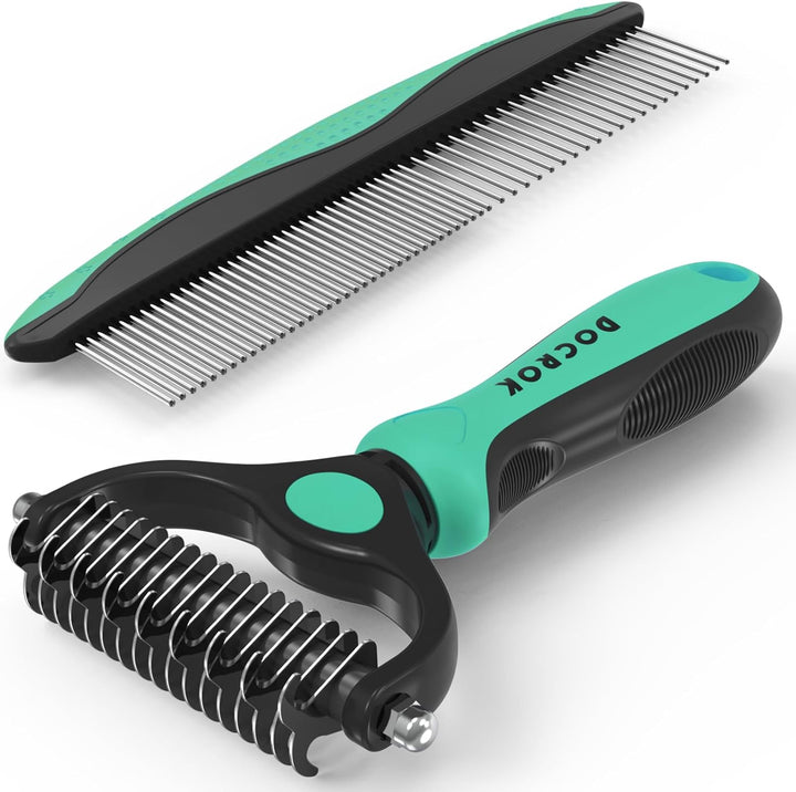 Pet Grooming Combo - Blue Deshedding Brush with Metal Comb for Detangling and Dematting Long, Matted Fur on Cats and Dogs