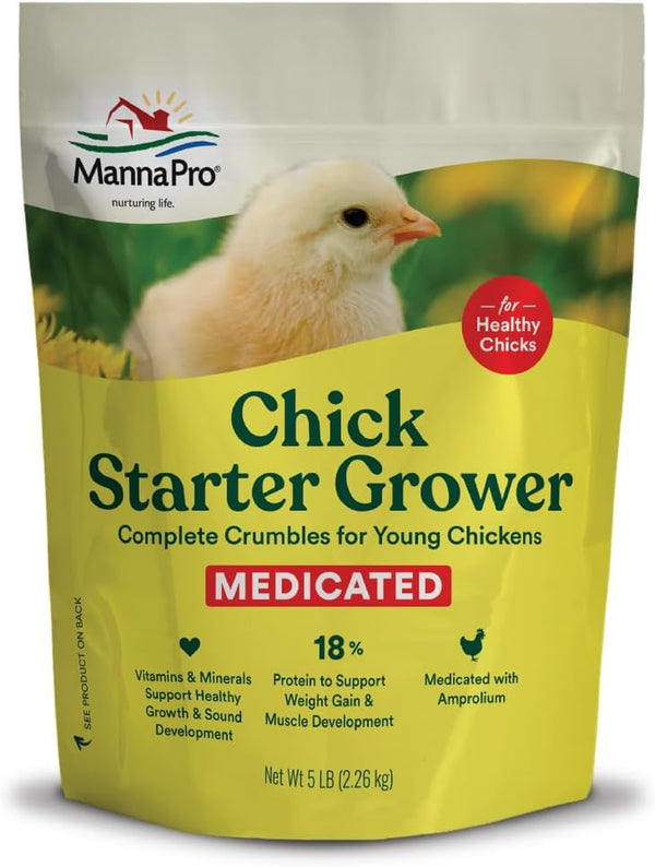 Medicated Chick Starter Grower Feed – High Protein Crumbles with Amprolium for Coccidiosis Prevention – Complete Chicken Feed for Baby Chicks and Pullets – for Healthy Growth – 5 Lb Bag