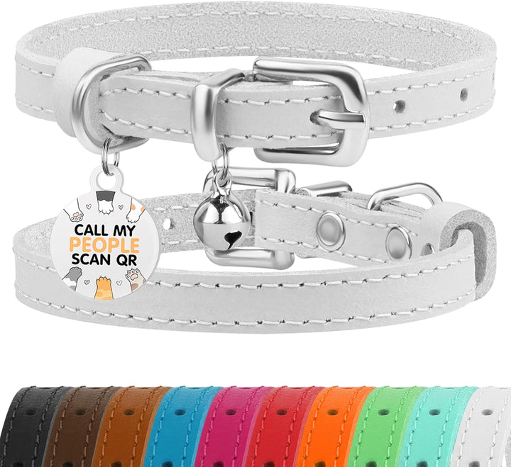 Leather Cat Collar with Removable Bells Non Breakaway Kitten QR Tag for Girl Boy (7" - 9" for Cats, Black & Gold)