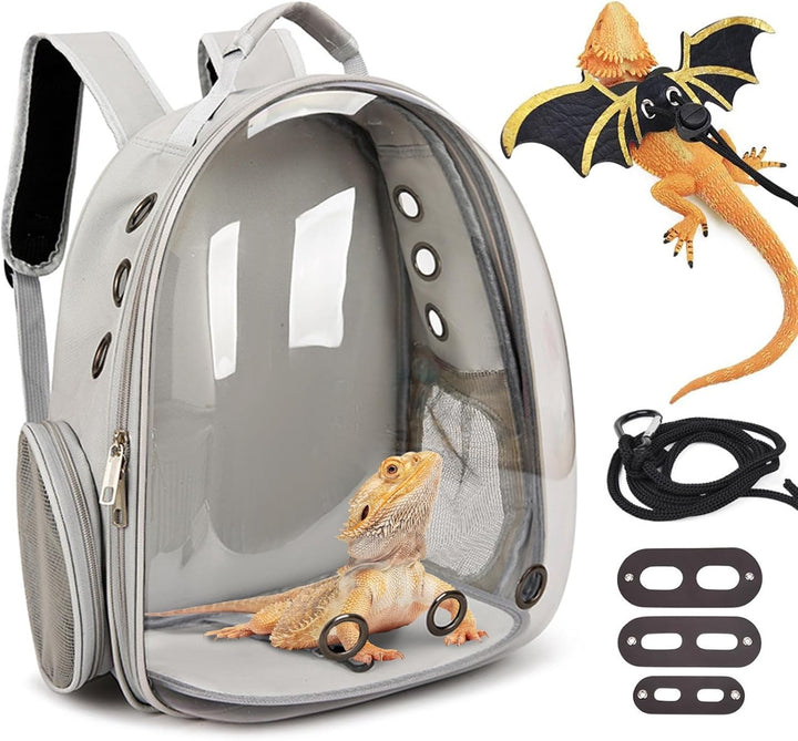 Bearded Dragon Carrier with Harness and Leash Set, Large Reptile Travel Carrier Portable Lizard Backpack Clear Small Animals Carrying Bag for Gecko Hamster Rabbit Hedgehog Kitten (Black)
