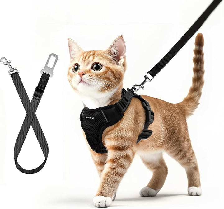 Cat Harness and Leash for Walking, Cat Car Harness, Escape Proof Soft Adjustable Vest Harnesses for Cats, Easy Control Breathable Reflective Strips Harness, Kitten Harness and Leash Set, Black, S