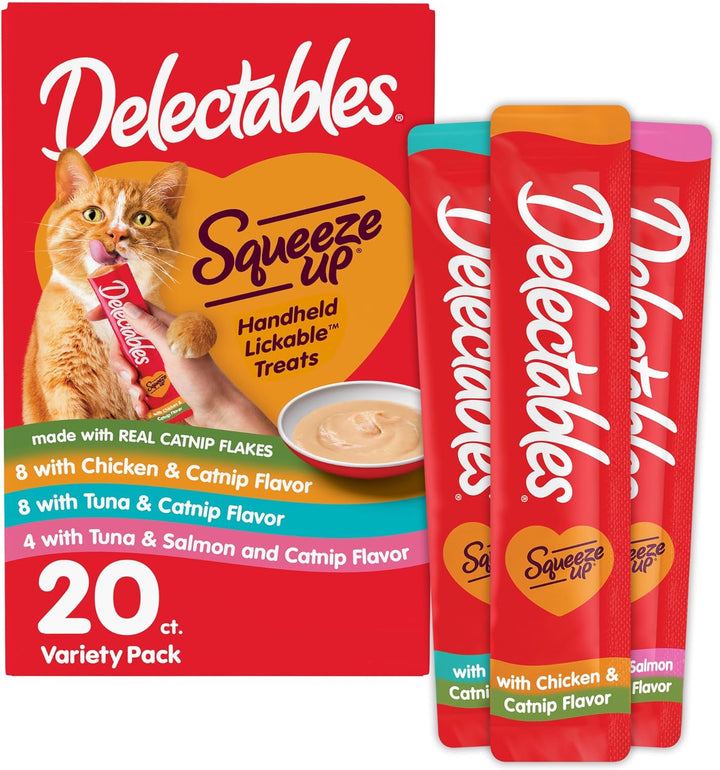 Delectables Squeeze up Catnip Variety Pack, Creamy Squeezable Puree, Lickable Wet Cat Treats, Grain Free, No Added Fillers, No By-Products, No Added Preservatives, 0.5 Ounces Tube, 20 Tubes Total