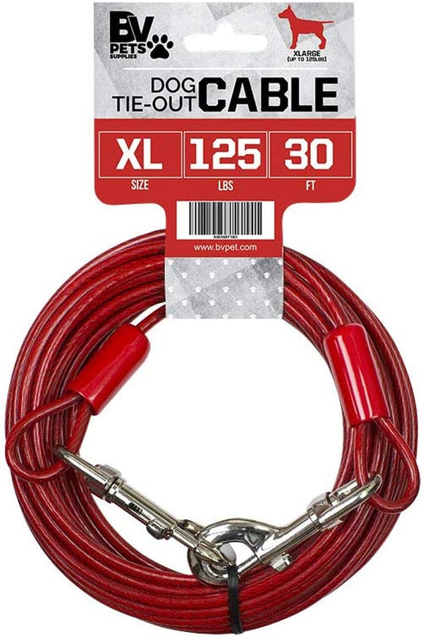 Dog Tie Out Cable 30 Feet - Heavy Duty Dog Lead up to 125 Pounds - Reflective & Rust-Free with Quick Release Swivel Clips & 360° Rotating Clasp - Tangle-Free Dogs Runner for Yard (Red, Single)