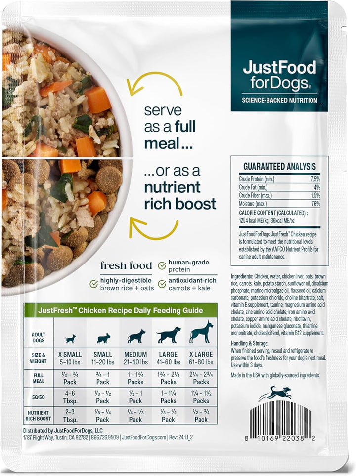 Justfresh Wet Dog Food, Fresh Pet Meals and Toppers with No Preservatives, Resealable Package, Human Grade, Home-Cooked Chicken, 12 Oz - 7 Pack