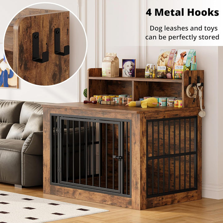 Extra Large Dog Crate Furniture, 43.3 Inches Wooden Dog Crate with Storage and 4 Hooks, Heavy Duty Pet Crate for Large Dog, Decorative Pet Cage for Indoor (30" L X 43.3" W X 41.1" H)