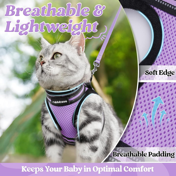 Cat Harness and Leash Set for Walking Escape Proof, Adjustable Soft Kittens Vest with Reflective Strip for Cats, Comfortable Outdoor Vest, Light Purple, S