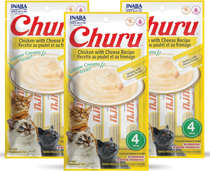 Churu Cat Treats, Grain-Free, Lickable, Squeezable Creamy Purée Cat Treat/Topper with Vitamin E & Taurine, 0.5 Ounces Each Tube, 4 Tubes, Tuna with Salmon Recipe