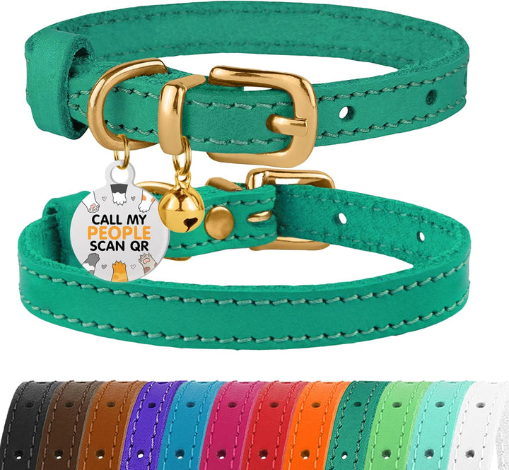 Leather Cat Collar with Removable Bells Non Breakaway Kitten QR Tag for Girl Boy (7" - 9" for Cats, Black & Gold)