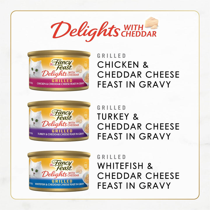 Purina  Delights with Cheddar Grilled Chicken, Turkey or Whitefish and Cheddar Cheese Feast in Gravy Wet Cat Food Variety Pack - (Pack of 24) 3 Oz. Cans