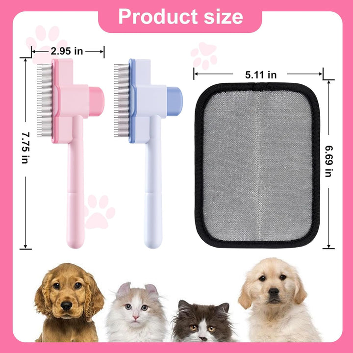 2PCS Flea Comb for Cats and Dogs with Pet Hair Remover Glove, Self Cleaning Pet Flea Cat Grooming Brush with Release Button for Massaging and Cleaning Shedding Pets Hairs
